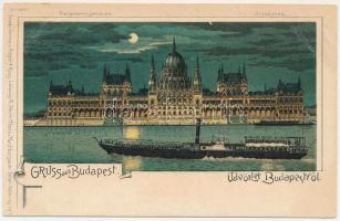 Budapest V. Országház, ZRÍNYI MIKLÓS oldalkerekes személyszállító gőzhajó, este holdfényben. Regel &amp; Krug No. 1891. litho (EB)