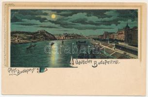 Budapest, Citadella, vár, rakpart este holdfényben. Regel &amp; Krug No. 1889. litho (tűnyomok / pinmarks)