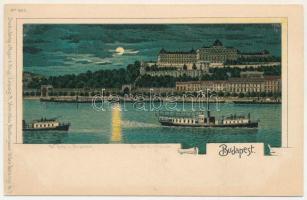 Budapest I. Királyi vár és várbazár este holdfényben, rakpart, gőzhajók, "ODOL". Regel &amp; Krug. No. 1892. Art Nouveau, litho (tűnyomok / pinmarks)
