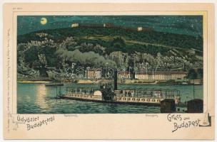 Budapest I. Gellérthegy, Citadella este holdfényben, "HATTYÚ" gőzhajó. Regel &amp; Krug. No. 1890. Art Nouveau, litho (EM)
