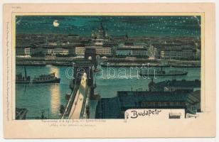 Budapest, Lánchíd, bazilika, látkép, gőzhajók, este holdfényben. Regel &amp; Krug No. 1895. litho (EK)