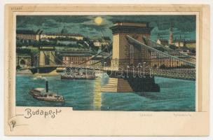 Budapest, Lánchíd, vár, látkép, gőzhajók, este holdfényben. Regel &amp; Krug No. 1884. litho (EK)