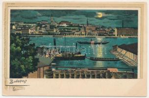 Budapest V. Ferenc József rakpart, uszály, gőzhajó este holdfényben. Regel &amp; Krug No. 1885. litho (EK)