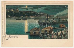 Budapest I. Királyi vár és várbazár este holdfényben, rakpart, gőzhajók. Regel &amp; Krug. No. 1893. Art Nouveau, litho (tűnyomok / pinmarks)