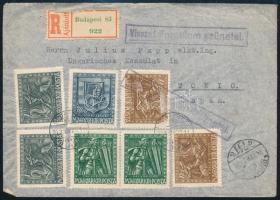 1943 Ajánlott levél Hadigondozás bélyegekkel Tokióba, "Vissza! Forgalom szünetel." bélyegzéssel visszaküldve / Registered cover to Tokio, returned because of war situation