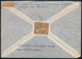 1943 Ajánlott levél Hadigondozás bélyegekkel Tokióba, "Vissza! Forgalom szünetel." bélyegz...