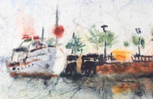 Khell Csörsz (1953-): Balatoni kikötő, 1978. Kísérleti akvarell technika, papír, jelzett. Kartonra k...