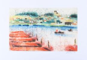 Khell Csörsz (1953-): Balaton, 1978. Kísérleti akvarell technika, papír, jelzett. Kartonra kasírozva. 21×33 cm.