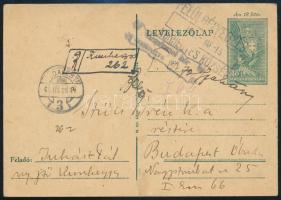 1945.03.16. Ajánlott díjjegyes levelezőlap "Kunhegyes" rajzolt szükségragjeggyel, készpénz bérmentesítéssel Budapestre