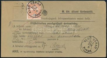 1913 Díjköteles szolgálati értesítés 30f Turul bélyeggel "ALSÓ VÁRAD BARS M."