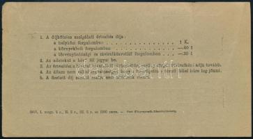 1913 Díjköteles szolgálati értesítés 30f Turul bélyeggel "ALSÓ VÁRAD BARS M."