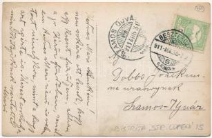 1911 Beszterce, Bistritz, Bistrita; ház, evangélikus templom tornya / house, tower of the Lutheran c...