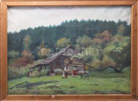 D. Némethy Miklós (1880-?): Erdélyi életkép borjúval. Olaj, vászon. Jelezve balra lent. Laza léckereten. 56x70 cm