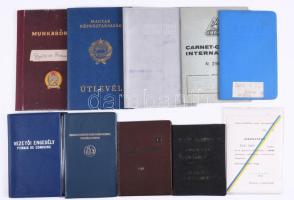 9 db vegyes igazolvány, közte kék útlevél + vezetői engedély tok, üres