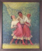 D. Némethy Miklós (1880-?): Dévajkodók, 1934. Olaj, vászon. Jelezve balra lent. Hátoldalán Nagy Balogh János Egyesület korabeli raglapjával. Fakeretben. 85x70 cm