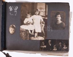 cca 1915-1945 Régi fotóalbum vegyes családi képekkel, összesen kb. 140 db beragasztott fotóval, sérü...