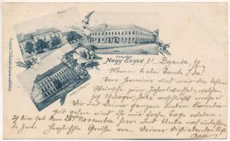 1897 Nagyenyed, Aiud; Városháza, Leányiskola, Bethlen Collegium. Wokál kiadása, szecessziós-virágos keret / town hall, girls' school, Calvinist boarding school. Art Nouveau, floral frame (vágott / cut)