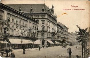 Budapest VII. Rákóczi út, villamos, Nagy Ferenc, Steiner Ernő, N. Ármin üzletei, Domonyi Endre asztalosműhelye, fogorvosi rendelő, kávéház, Metropole szálloda, villamos (EB)