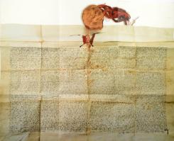 Középkori oklevél facsimile másolata, színes nyomat, 52,5x64 cm