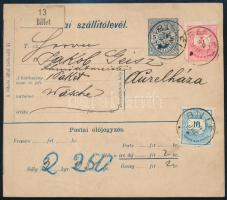 1889 Szállítólevél Színesszámú 5kr + 10kr díjkiegészítéssel, "BILLÉD" - Aurelháza (mindkettő Torontál megye)