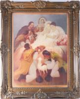 D. Némethy Miklós (1880-?): Kisded születése (Háromkirályok), 1935. Olaj, vászon. Jelezve jobbra lent. Hátoldalán tájkép legelésző kecskékkel. 65×50 cm. Dekoratív, üvegezett, kissé sérült fakeretben.