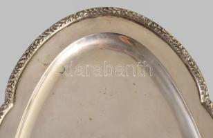 Ezüst (Ag) tálca, virágmintás peremrésszel jelzett, dianás, 37x19 cm, 449g