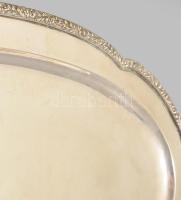 Ezüst (Ag) tálca, virágmintás peremrésszel jelzett, dianás, 37x19 cm, 449g