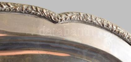 Ezüst (Ag) tálca, virágmintás peremrésszel jelzett, dianás, 37x19 cm, 449g