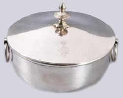 Ezüst (Ag) lábas, monogramos és bárói koronás díszítéssel, jelzett, d: 18 cm, nettó 671g