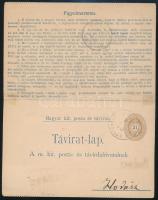 1894 Táviratlap 3kr díjkiegészítéssel, kétféle "HODÁSZ" vasúti távírda bélyegzéssel, "...