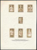 ca 1953 Népviseletek 3-3 értéke és Petőfi 60f az eredeti nyomóeszközökkel készült nyomdai mintán, a kiadottól eltérő színekben, a Pénzjegynyomda gumi és vízjel nélküli papírján