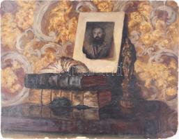 Némethy Györgyi (XX. sz. eleje): Csendélet könyvekkel és szoborral. Olaj, karton. Jelzett. Sérült. 53,5x69 cm.