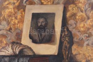 Némethy Györgyi (XX. sz. eleje): Csendélet könyvekkel és szoborral. Olaj, karton. Jelzett. Sérült. 5...