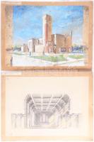 Jelzés nélkül, 2 db mű: Komároni római katolikus teplom tervei, 1930-35 körül. Vegyes technika, papír, kartonra kasírozva. Szélein kissé sérült. 35x49 cm.