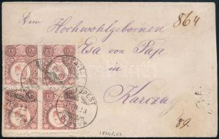 1874 Réznyomat 5kr négyestömb levélen, "BUDAPEST / FŐPOSTA" - "KARCZAG", Orbán szignóval