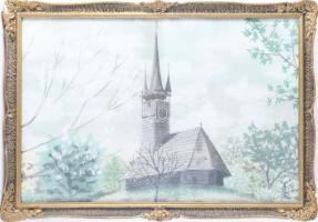 SL vagy LS monogram jelzéssel: Erdélyi fatemplom. Pasztell, papír. Dekoratív, üvegezett, kissé sérült fakeretben. 42x62 cm