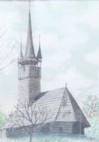 SL vagy LS monogram jelzéssel: Erdélyi fatemplom. Pasztell, papír. Dekoratív, üvegezett, kissé sérül...