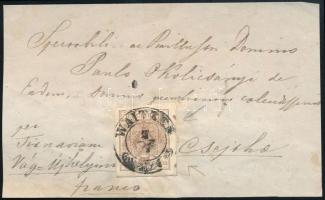 1850 6kr levél előlapján, a bélyegtől jobbra andráskereszt-végződés, "WAITZEN" - Csejtha