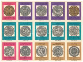 Csehszlovákia 1970 k. 15 különféle gyufacímke cseh 10-18. század közötti érmék ábrázolásával, egyben T:AU Czechoslovakia cca 1970. 15 different matchstick labels depicting Czech coins from the 10th to the 18th century, all in one T:AU