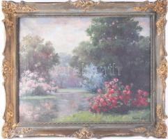 Némethy Györgyi, XX. sz. első fele: Virágzó park. Olaj, vászon. Dekoratív, kissé sérült fakeretben. 40x50 cm
