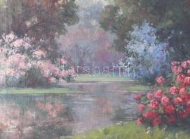 Némethy Györgyi, XX. sz. első fele: Virágzó park. Olaj, vászon. Dekoratív, kissé sérült fakeretben. ...