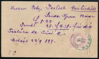1894 Befizetési lap Színesszámú 2kr bélyeggel, kék "PÉNZUTALVÁNY / MOHÁCS" bélyegzéssel