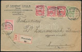 1913 2. súlyfokozatú ajánlott levél kiállítási minőségben, "VEREBÉLY" - "ARANYOSMARÓT"
