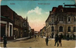 Zsolna, Zilina; Kossuth Lajos utca. Vasúti levelezőlapárusítás 9. 1915. / street + "Magy.ker. Szocz. Vasutasok Orsz. Gazdasági Egyesülete BP. HÉV csoportja Szentendre"(fa)