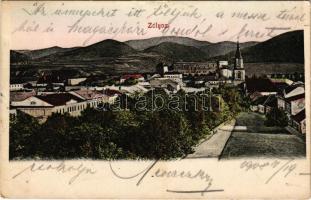 1908 Zólyom, Zvolen; látkép. Özv. Hegyt. Györgyné kiadása / general view + "ODERBERG - BUDAPEST" vasúti mozgóposta bélyegző (EK)