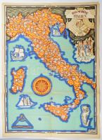1933 Das schöne Italien, art deco stílusú grafikus térkép, másik oldalán német nyelvű idegenforgalmi ismertetővel, sérülésekkel, ragasztott, 67x48 cm