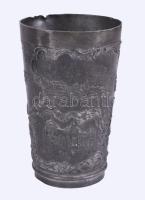 Antik városképes ón díszpohár, m: 9,5 cm
