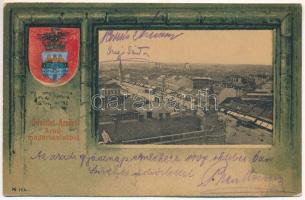 1907 Arad, látkép madártávlatból, üzletek. Szecessziós címeres litho keret / general view, shops. Art Nouveau, litho frame with coat of arms (EK)