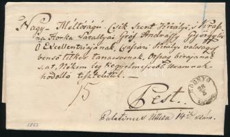 1863 Levél 15kr viteldíjjal, készpénzzel fizetve, "ROSNYÓ" - "PESTH / Früh"