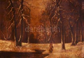 Mednyánszky jelzéssel: Vadász az erdőben. Olaj, karton. Vetemedett. Fakeretben. 70x100 cm. KIZÁRÓLAG SZEMÉLYES ÁTVÉTEL, NEM POSTÁZZUK! / ONLY PERSONAL COLLECTION AT OUR OFFICE!